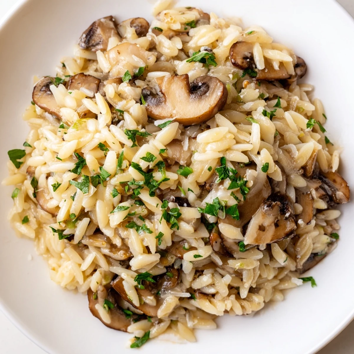 Creamy orzo mushroom risotto-style, plated with Parmesan, offers savory, earthy, and comforting flavors.