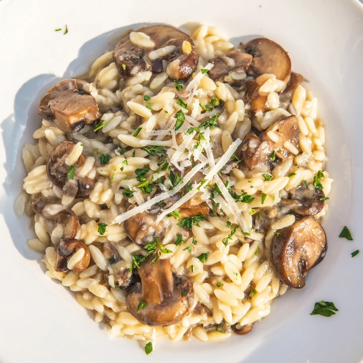 A steaming bowl of orzo mushroom risotto-style with visible mushrooms and fresh parsley; a vegetarian delight.