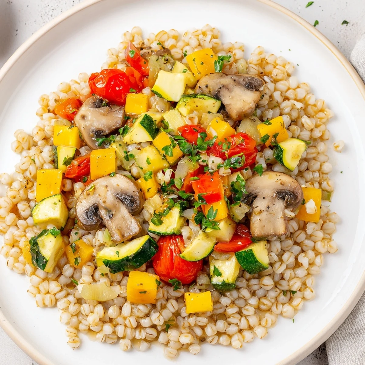 Creamy Pearled Barley Bowl brimming with oven-roasted vegetables; a comforting vegetarian dinner.