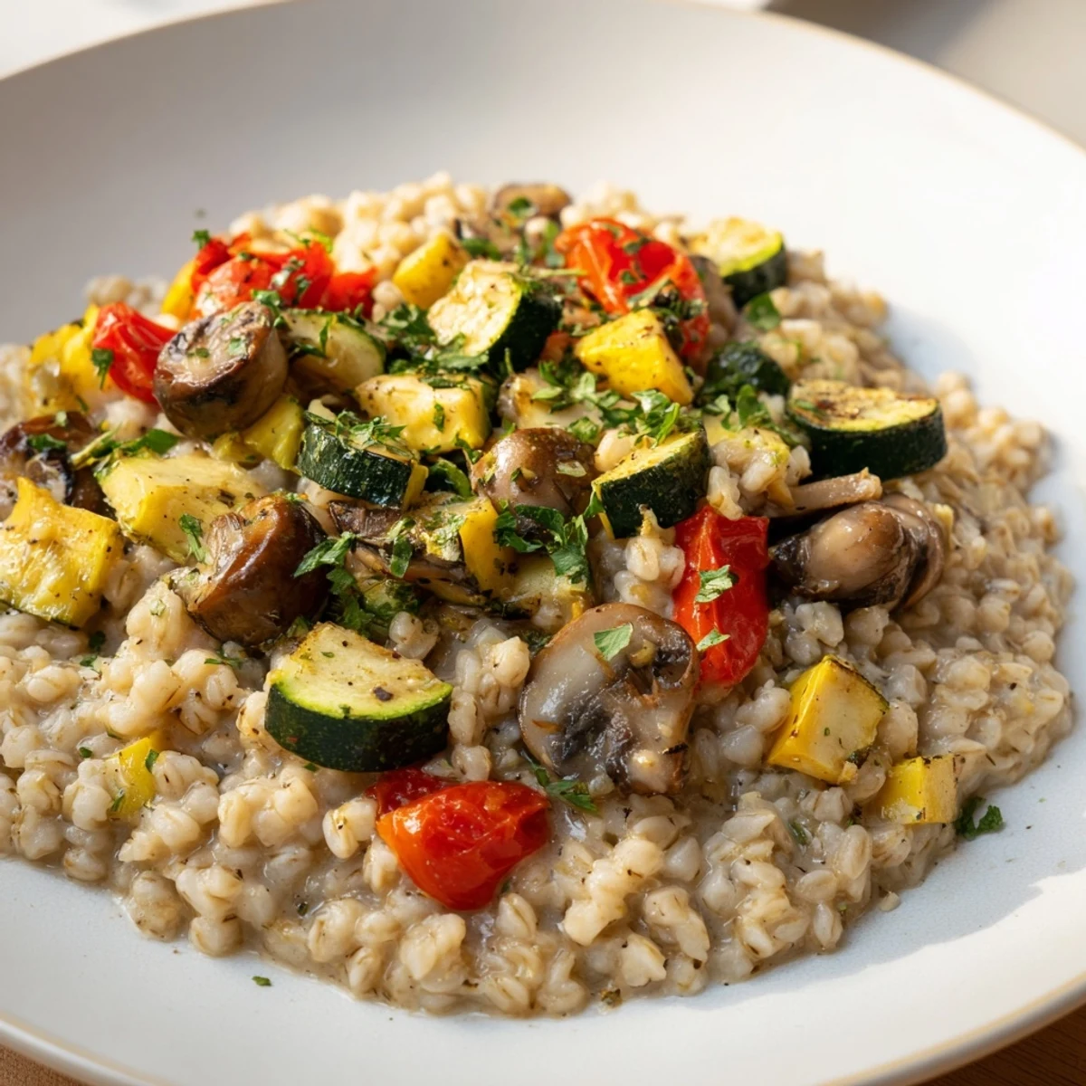 Wholesome pearled barley bowl, topped with colorful roasted vegetables, ready for a delicious meal.