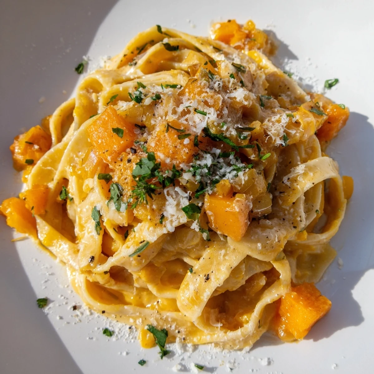 Creamy, golden Butternut Squash Pasta, garnished with parsley, a hearty vegetarian main course.