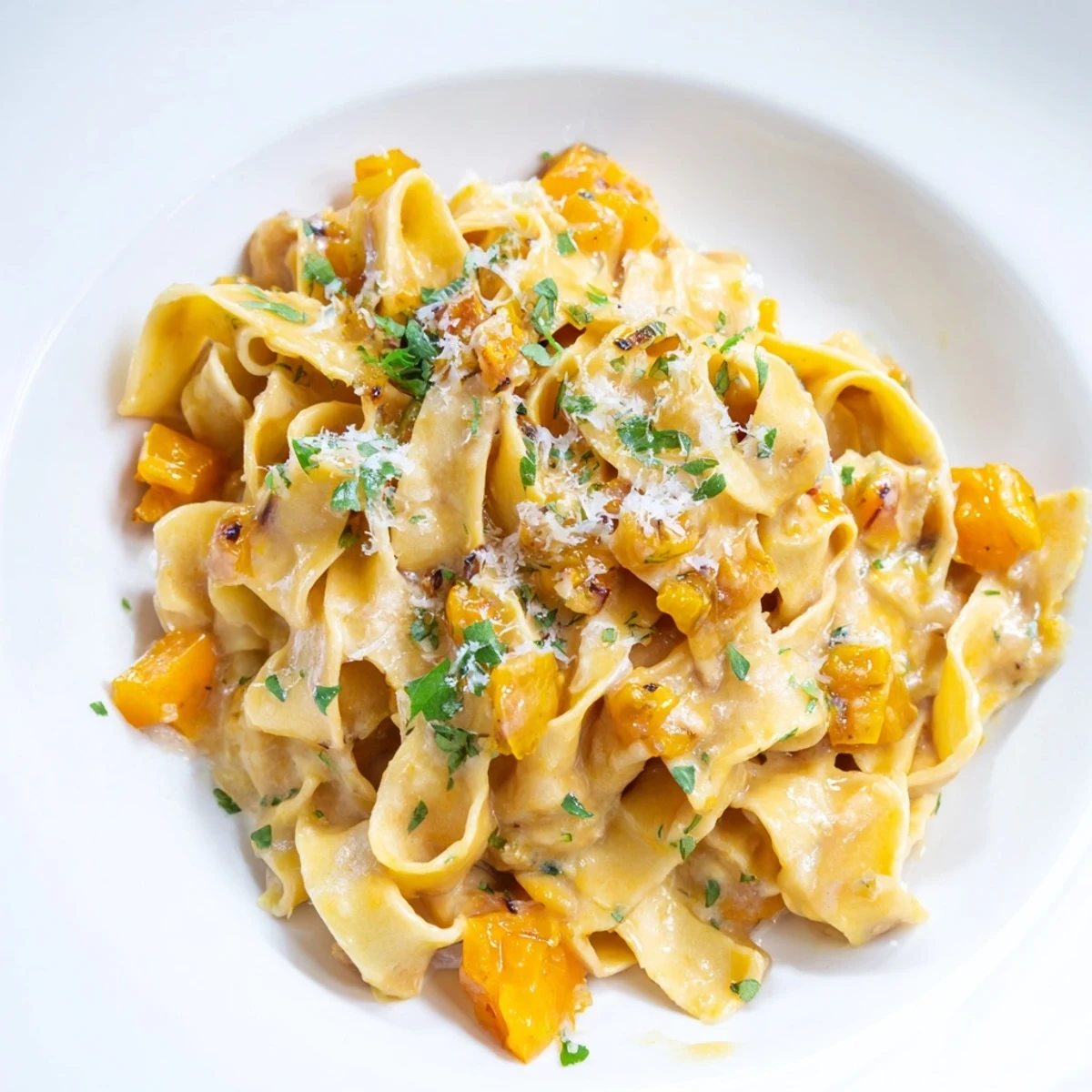 Vibrant photo of Butternut Squash Pasta; the sauce clings to pasta, offering a rich, savory taste.