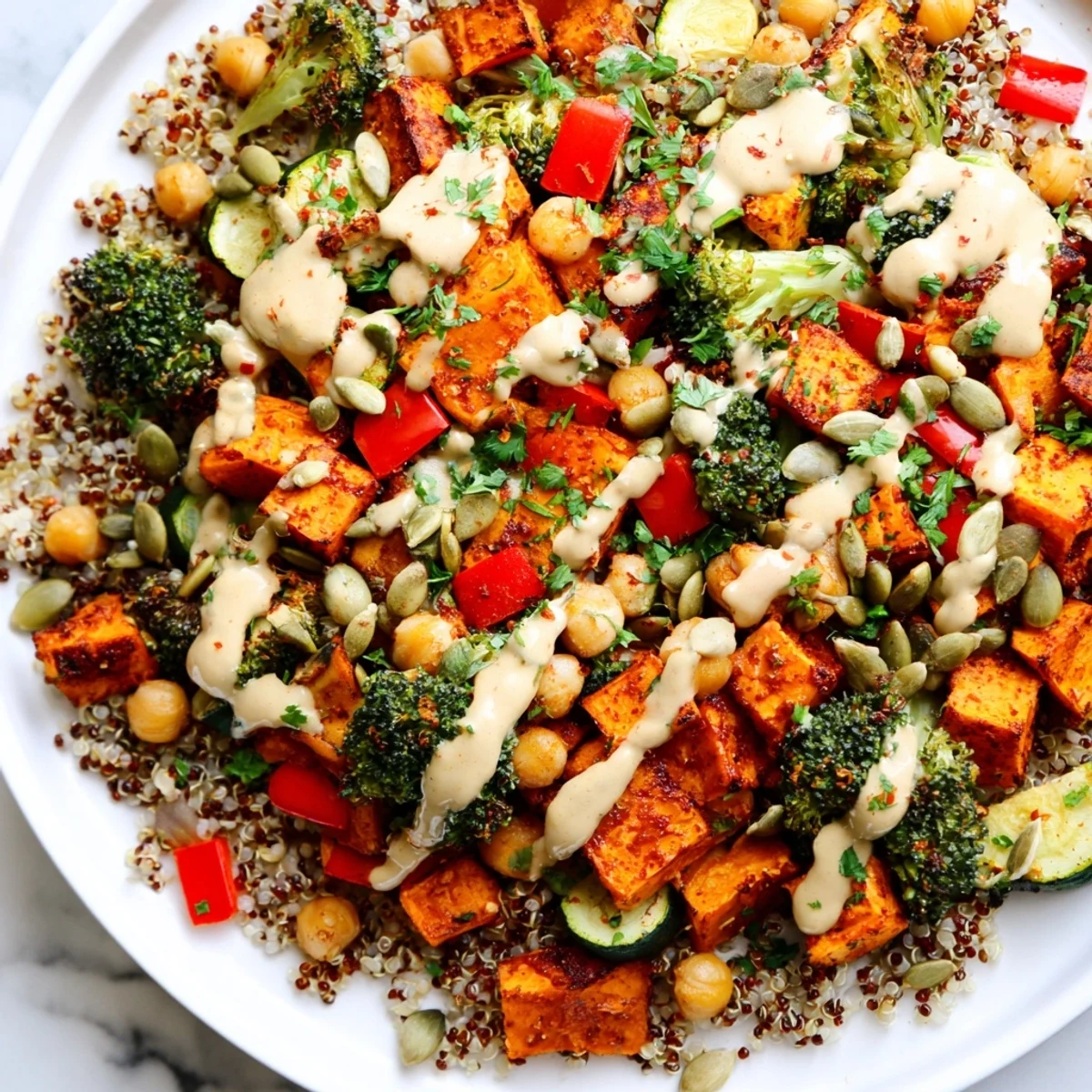 A vibrant, colorful Quinoa Buddha Bowl with perfectly roasted vegetables and sprinkled seeds atop.