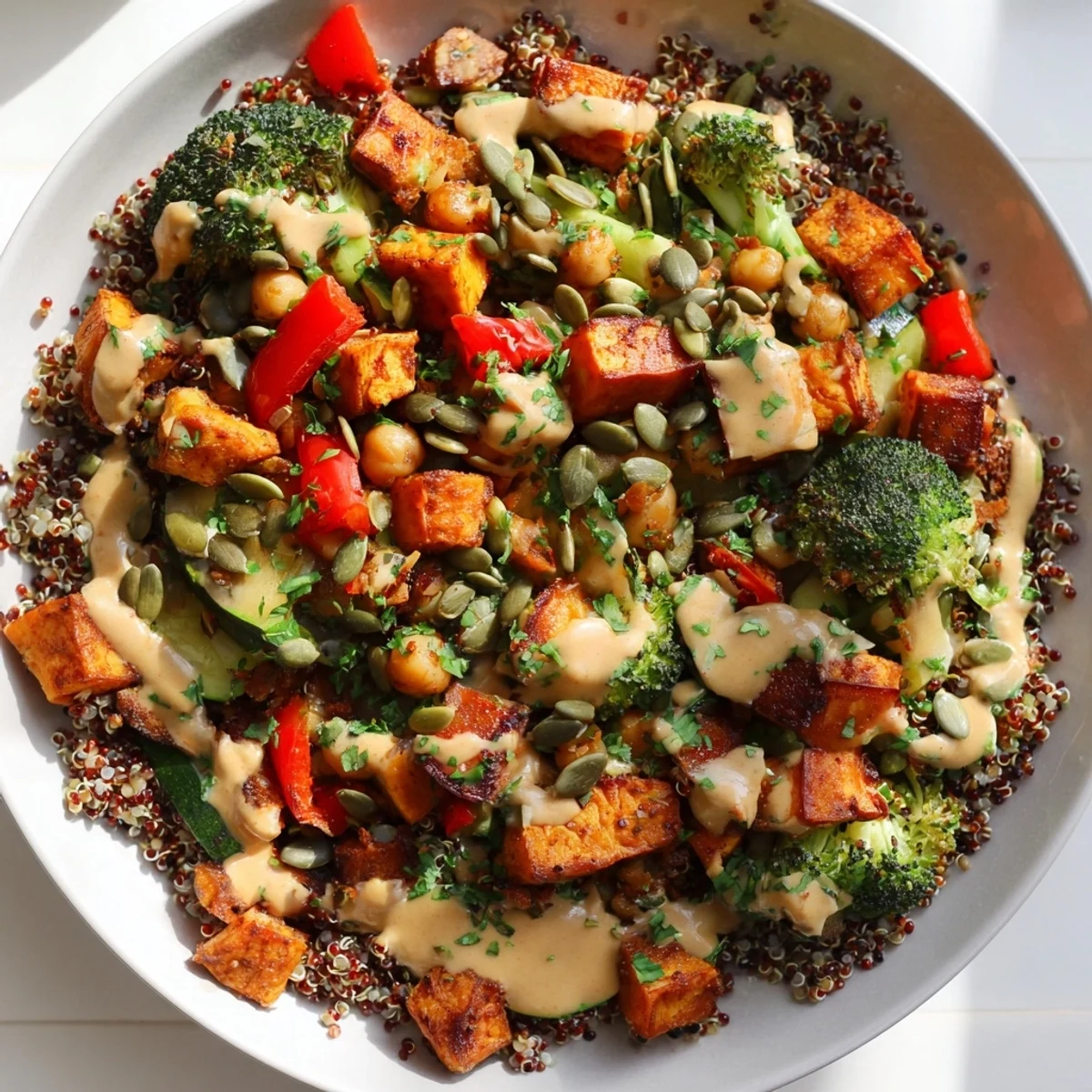 Fluffy quinoa Buddha bowl topped with roasted sweet potatoes and creamy tahini dressing, delicious.