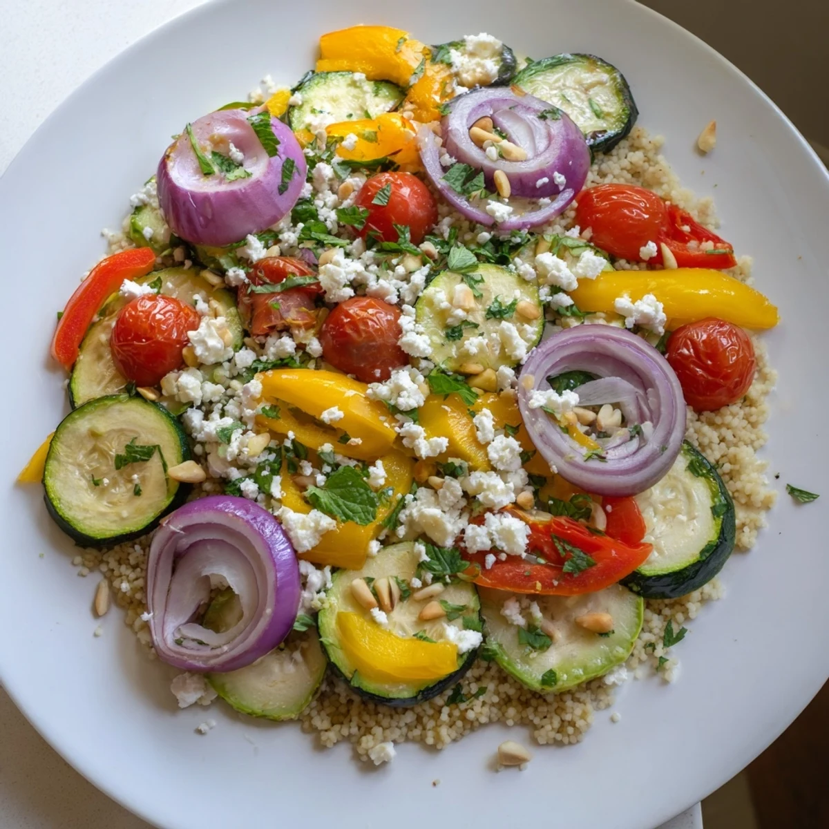 Vibrant Roasted Veggie Couscous Salad with colorful roasted vegetables and creamy feta cheese, ready to enjoy.