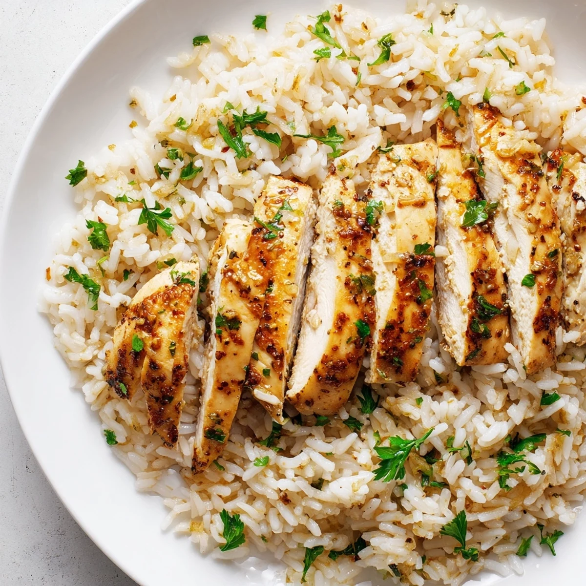 Garlic butter rice with chicken, a flavorful dish, served alongside juicy grilled chicken slices.
