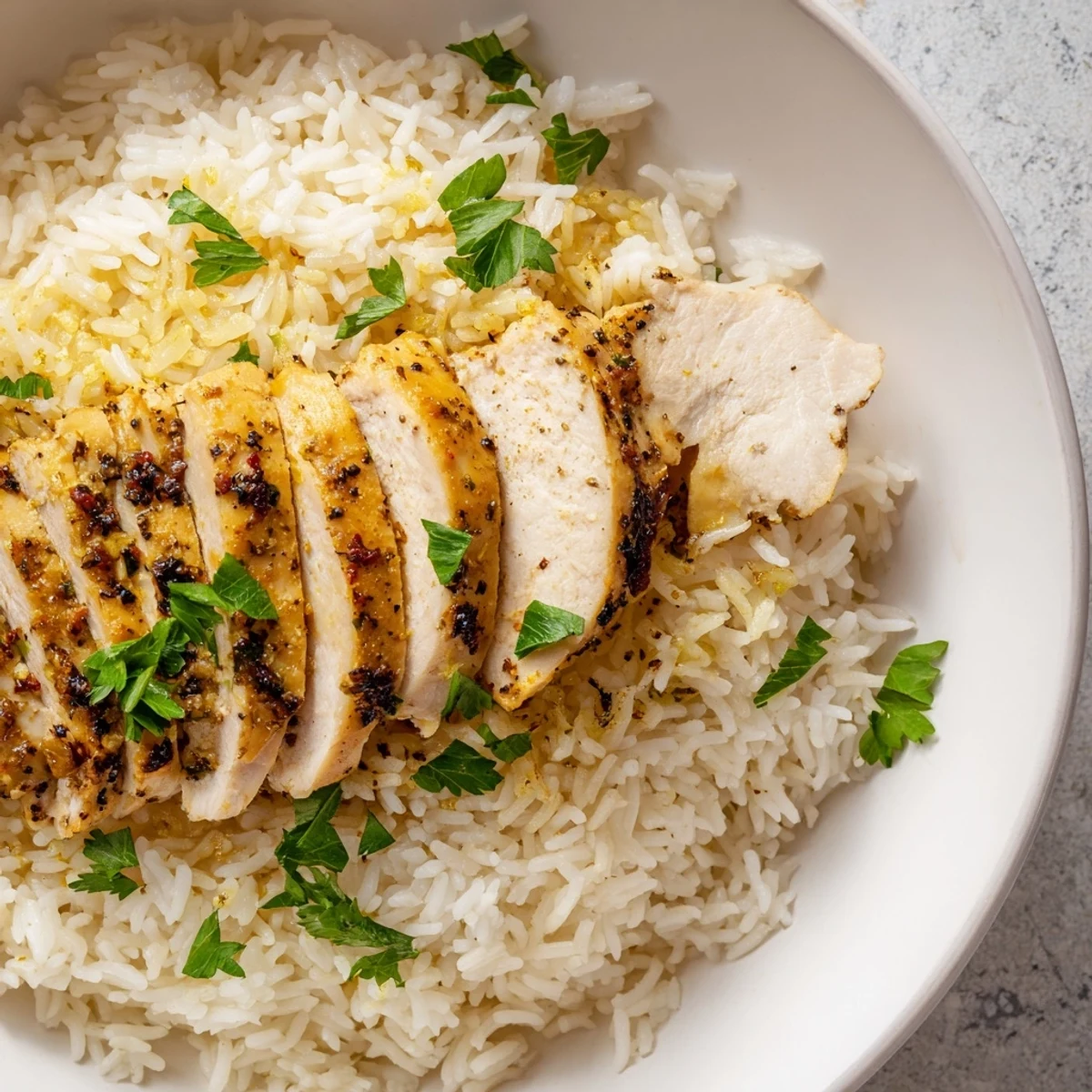 Golden-hued garlic butter rice with tender chicken, a satisfying meal ready to enjoy on plates.