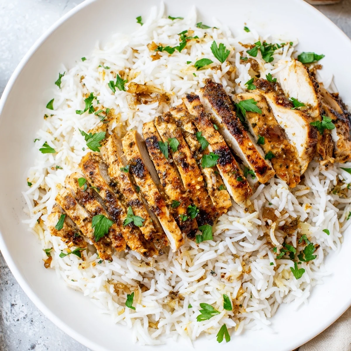 A close-up of creamy garlic butter rice with chicken, garnished and ready to be served.