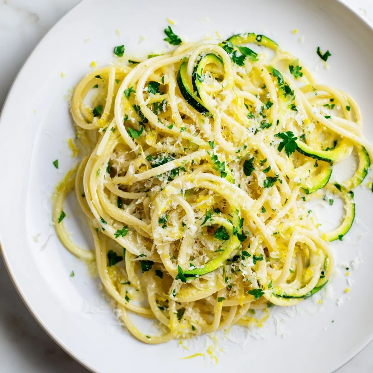 Quick and easy recipe showing a close-up of Lemon Zucchini Pasta, with grated Parmesan sprinkled generously.