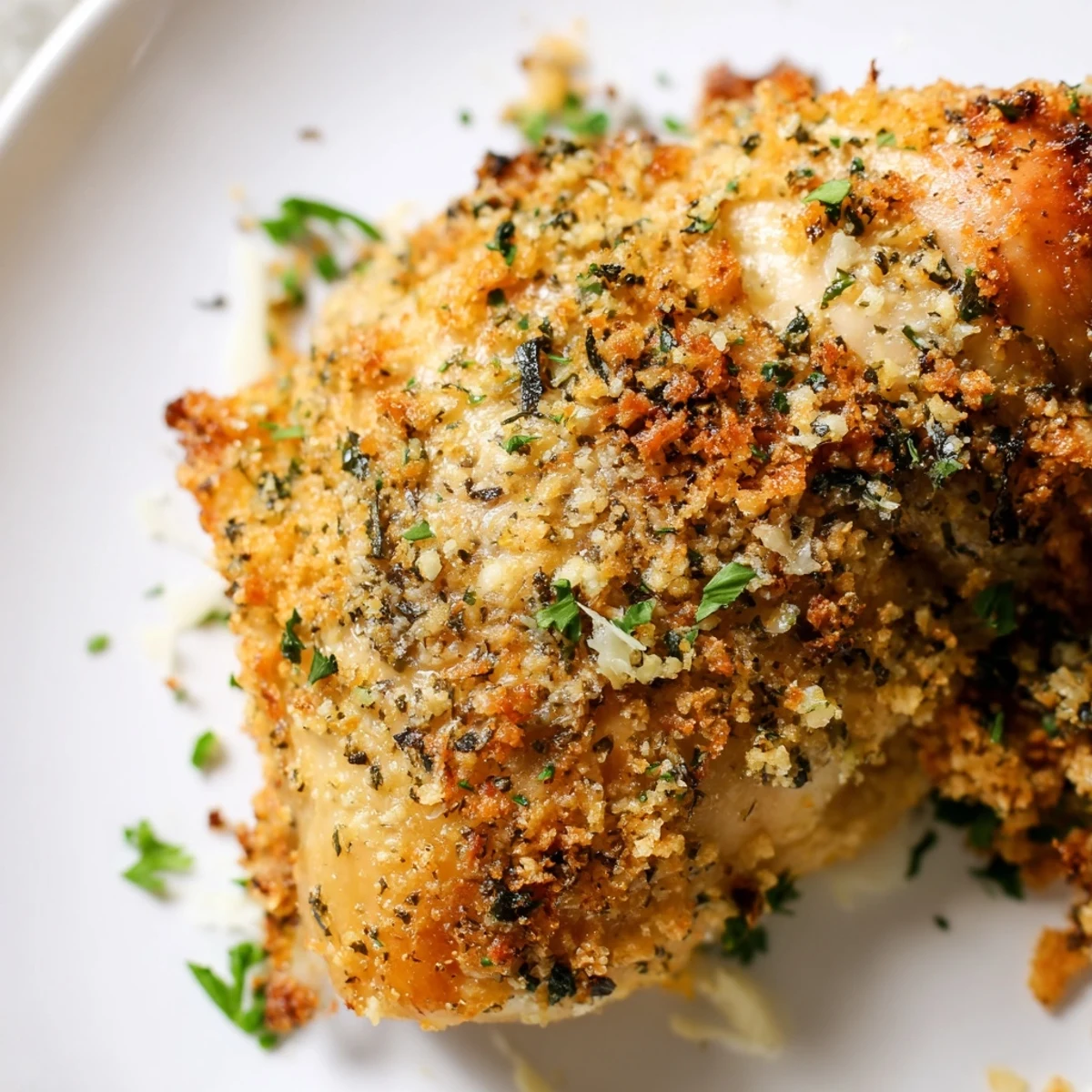 Golden brown Roasted Garlic Parmesan Chicken, perfectly crisp and ready to serve with sides.
