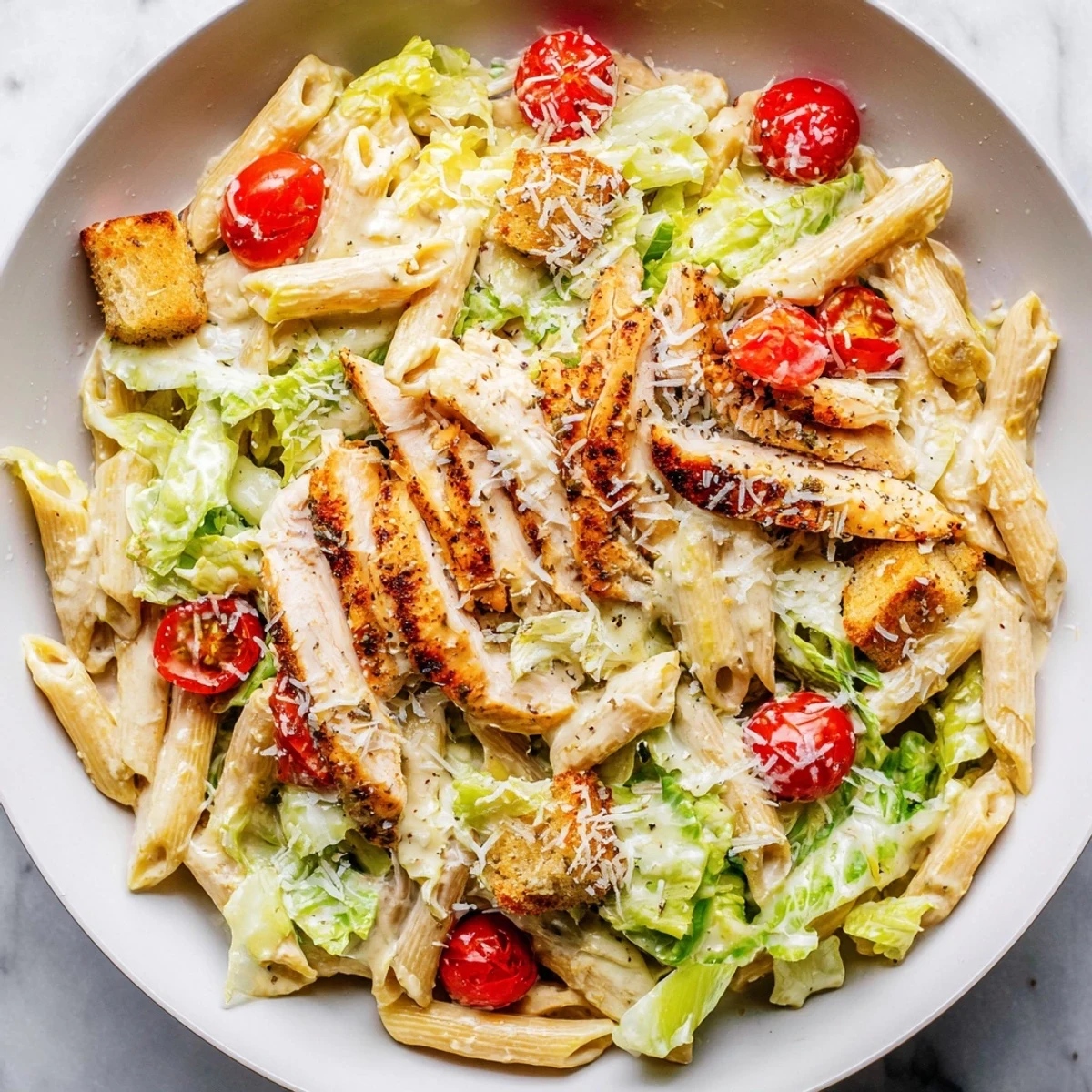 Sizzling spicy chicken caesar pasta, a vibrant bowl of grilled chicken, romaine, and creamy dressing.
