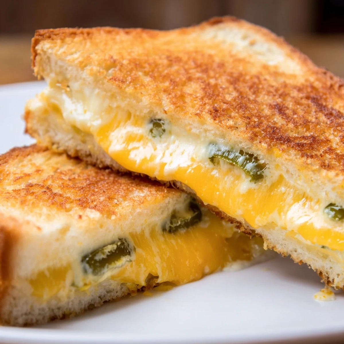 Golden, bubbly Jalapeño Popper Grilled Cheese with melted cheese oozing out, delicious and spicy.