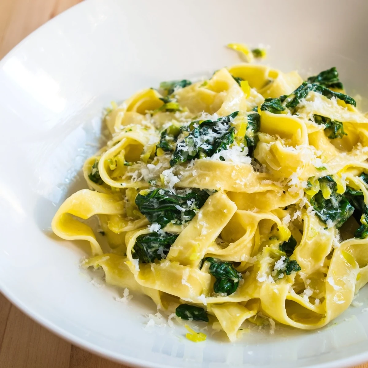 Steaming bowl of creamy spinach garlic noodles, a comforting vegetarian American main course.