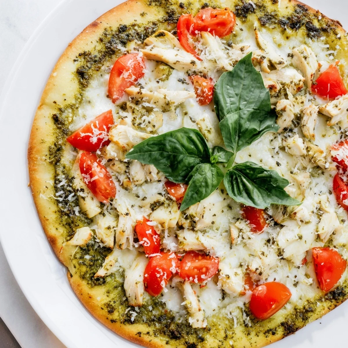 Chicken Pesto Pizza with melted mozzarella and fresh tomato slices, ready to enjoy.