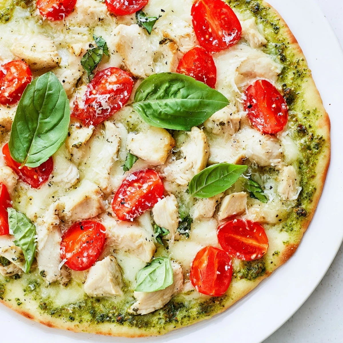 Basil pesto, chicken, and bubbly mozzarella blanket this delicious Chicken Pesto Pizza.