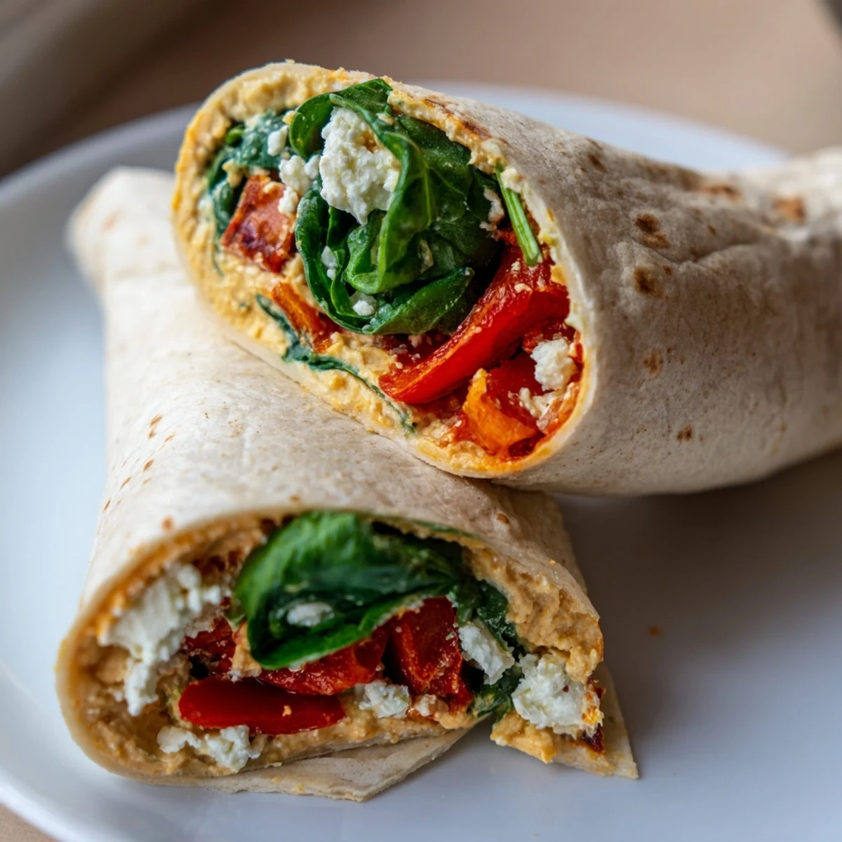 Mediterranean veggie wrap, overflowing with hummus, roasted peppers, spinach, and feta, ready to eat.