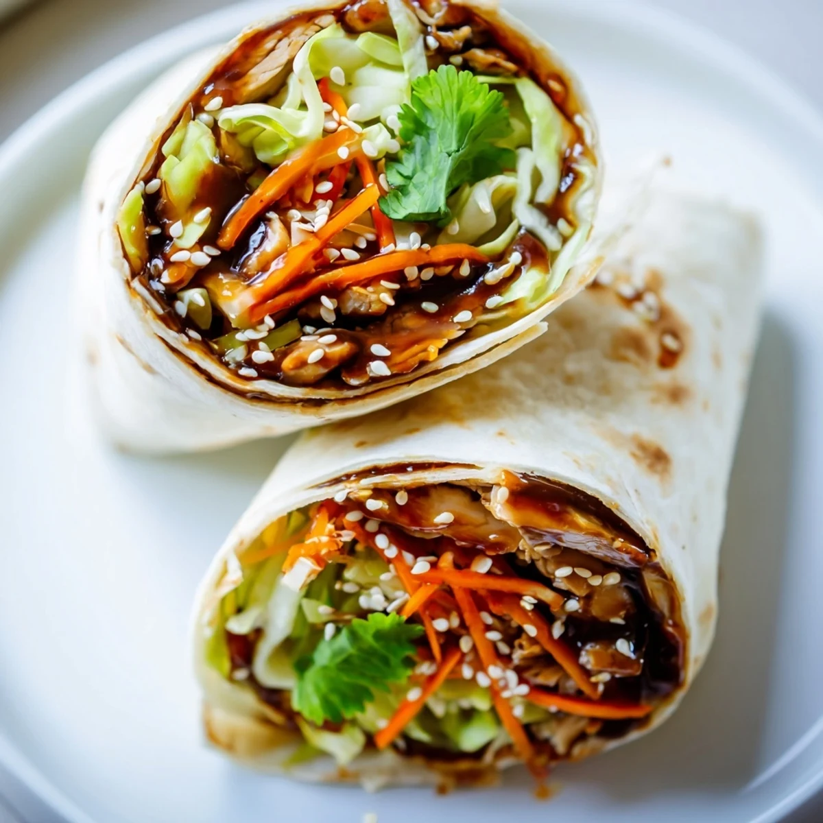 Juicy teriyaki chicken wrap, loaded with colorful veggies, ready for a satisfying, savory bite.