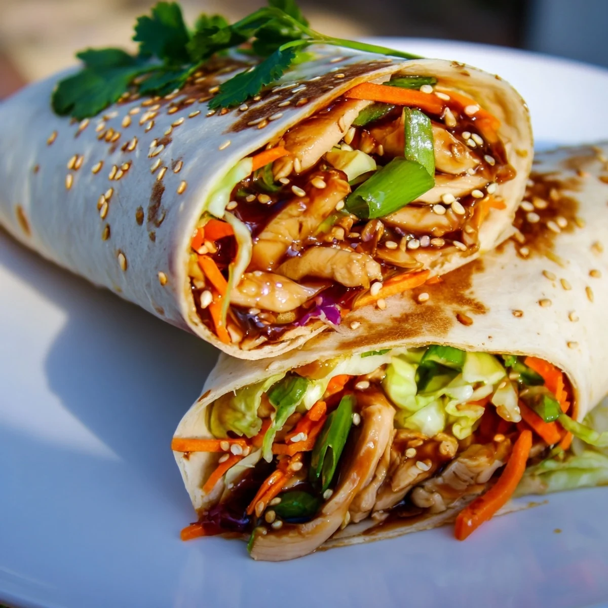 A fresh, homemade teriyaki chicken wrap featuring tender chicken and vibrant shredded vegetables.