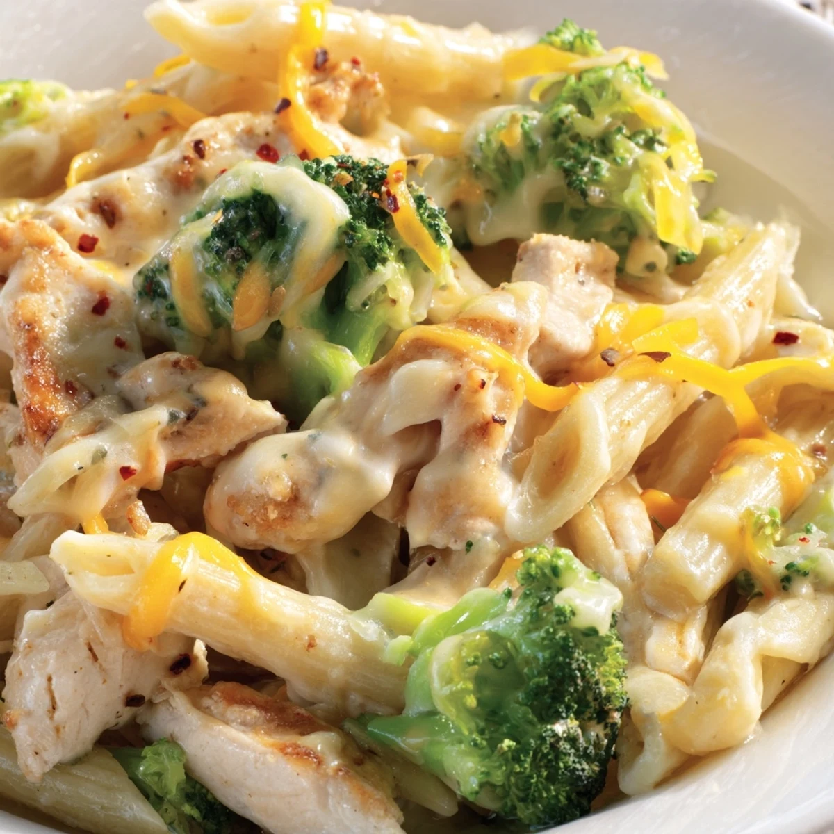Chicken Broccoli Cheddar Pasta with melted cheese and tender chicken visible in a creamy sauce.