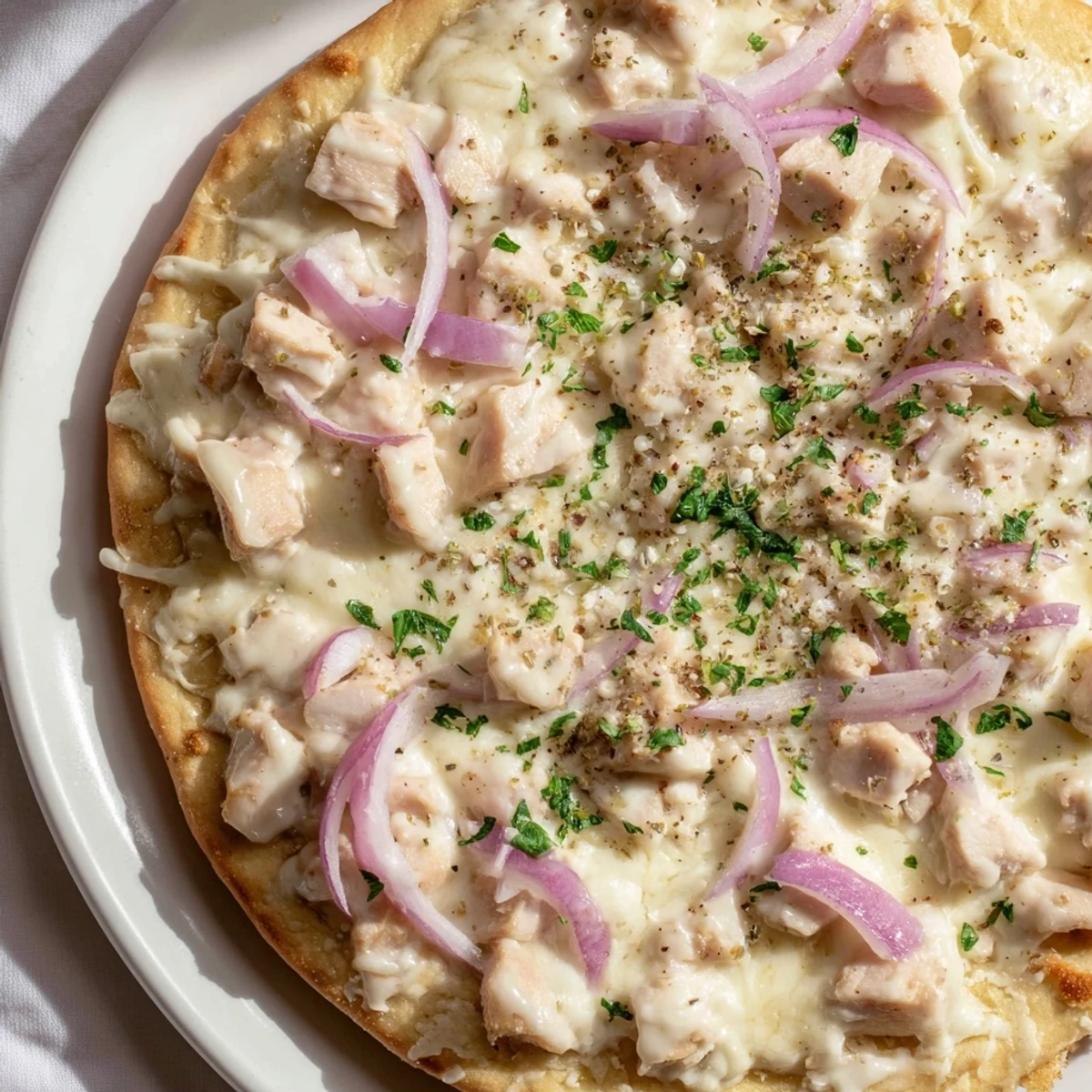 Golden-crusted Chicken Alfredo Pizza with creamy Alfredo, tender chicken, and melted cheese, ready to enjoy.