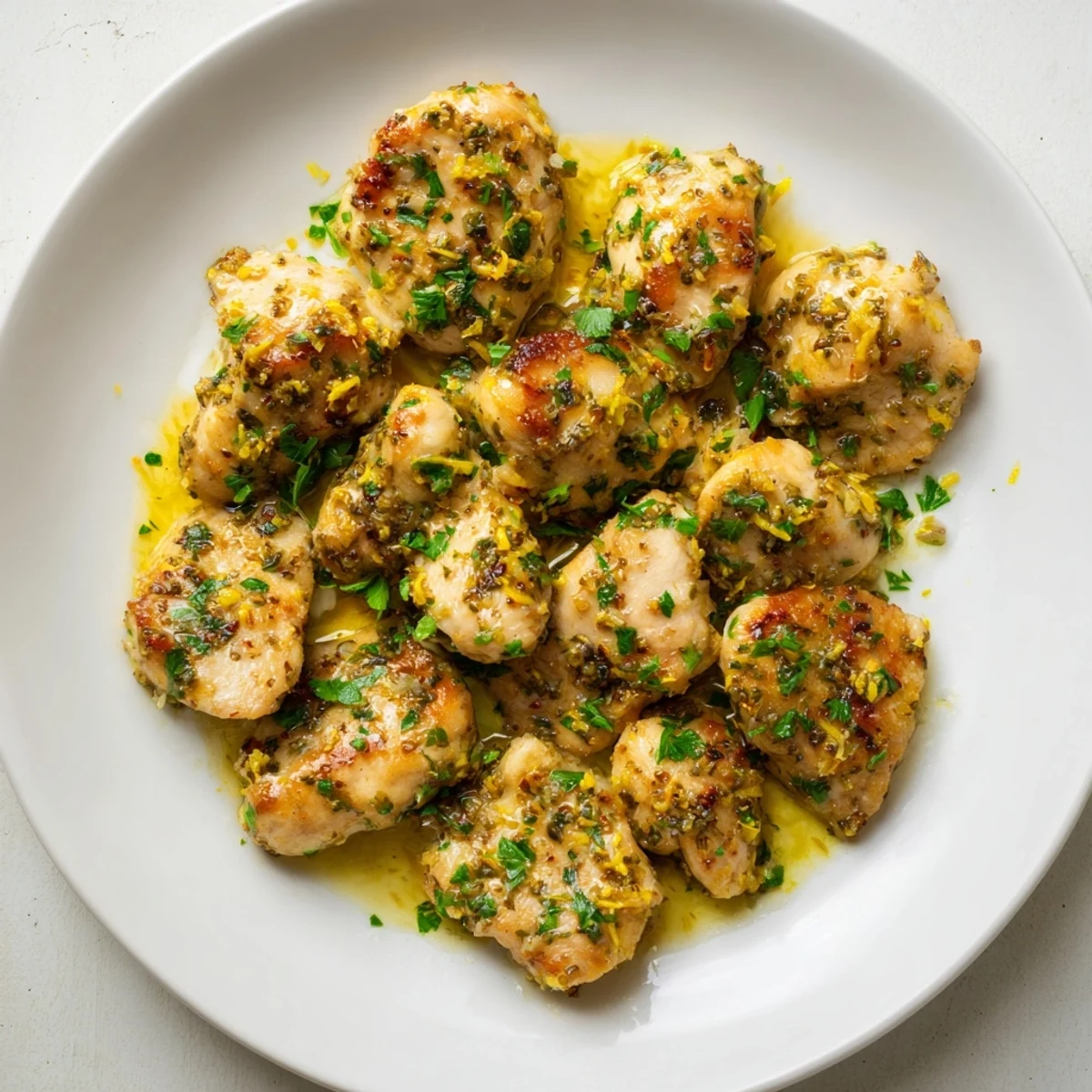 Golden-brown lemon pepper chicken served in a pan, glistening with a buttery lemon sauce, ready to eat.