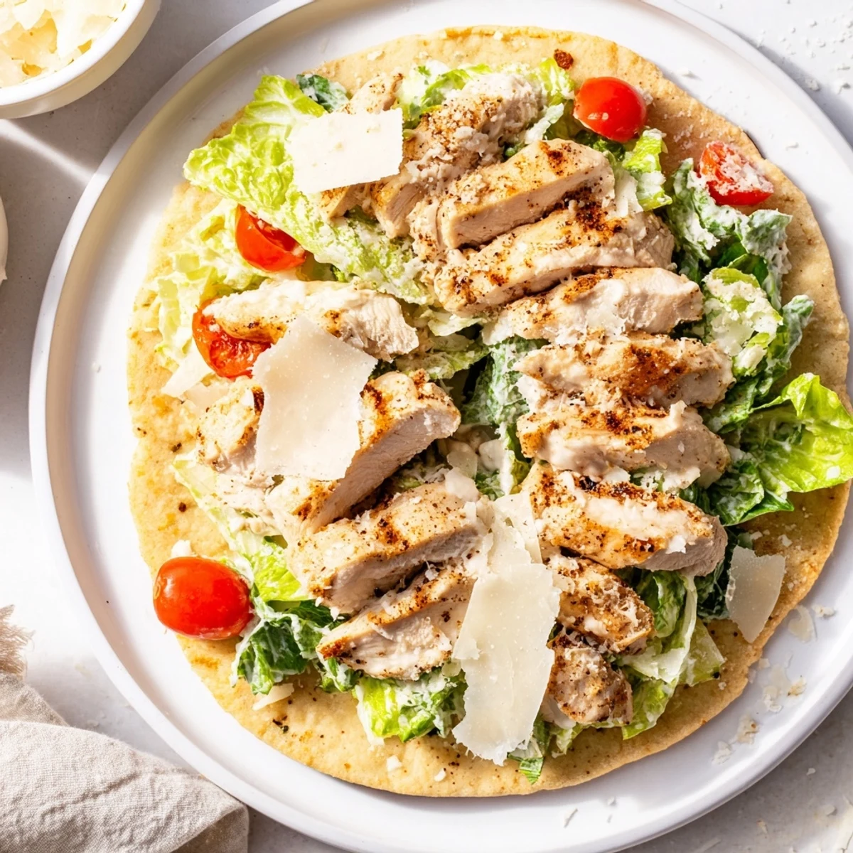 Golden flatbread with melting Parmesan, fresh Caesar salad, and juicy Caesar Chicken.
