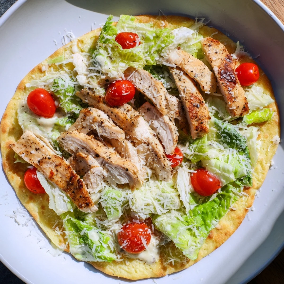 Close-up of a Caesar Chicken Flatbread showcasing grilled chicken atop a creamy, vibrant salad.