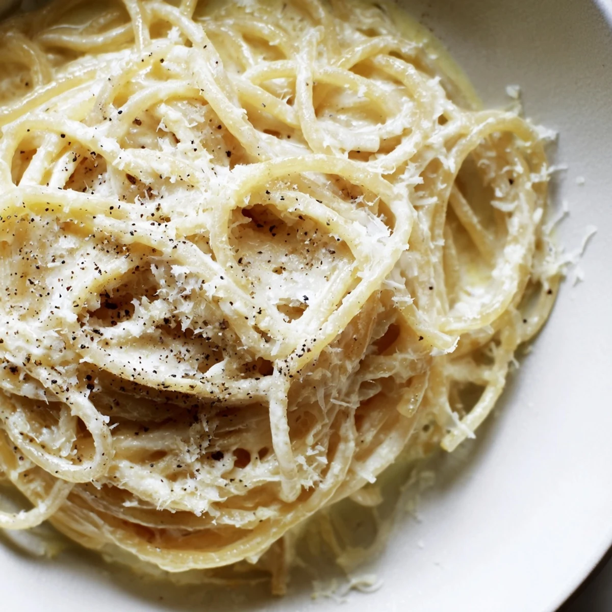 Steaming bowl of Spaghetti Cacio e Pepe, creamy and perfectly coated with cheese and pepper.