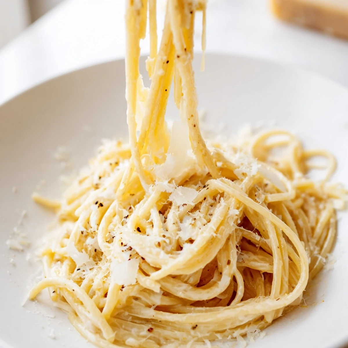 Close-up of Spaghetti Cacio e Pepe with grated Pecorino Romano and cracked black pepper.