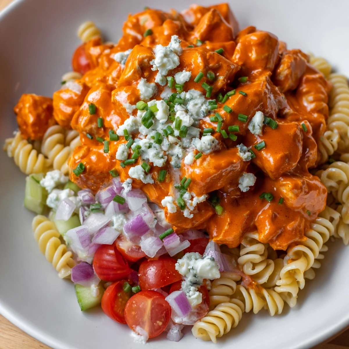 Creamy Buffalo Chicken Pasta Salad: a colorful and refreshing cold salad with tender chicken.