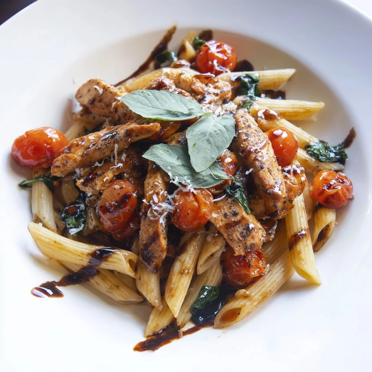 Balsamic glazed chicken pasta, a savory meal, showcases tender chicken glistening in a rich, dark sauce.