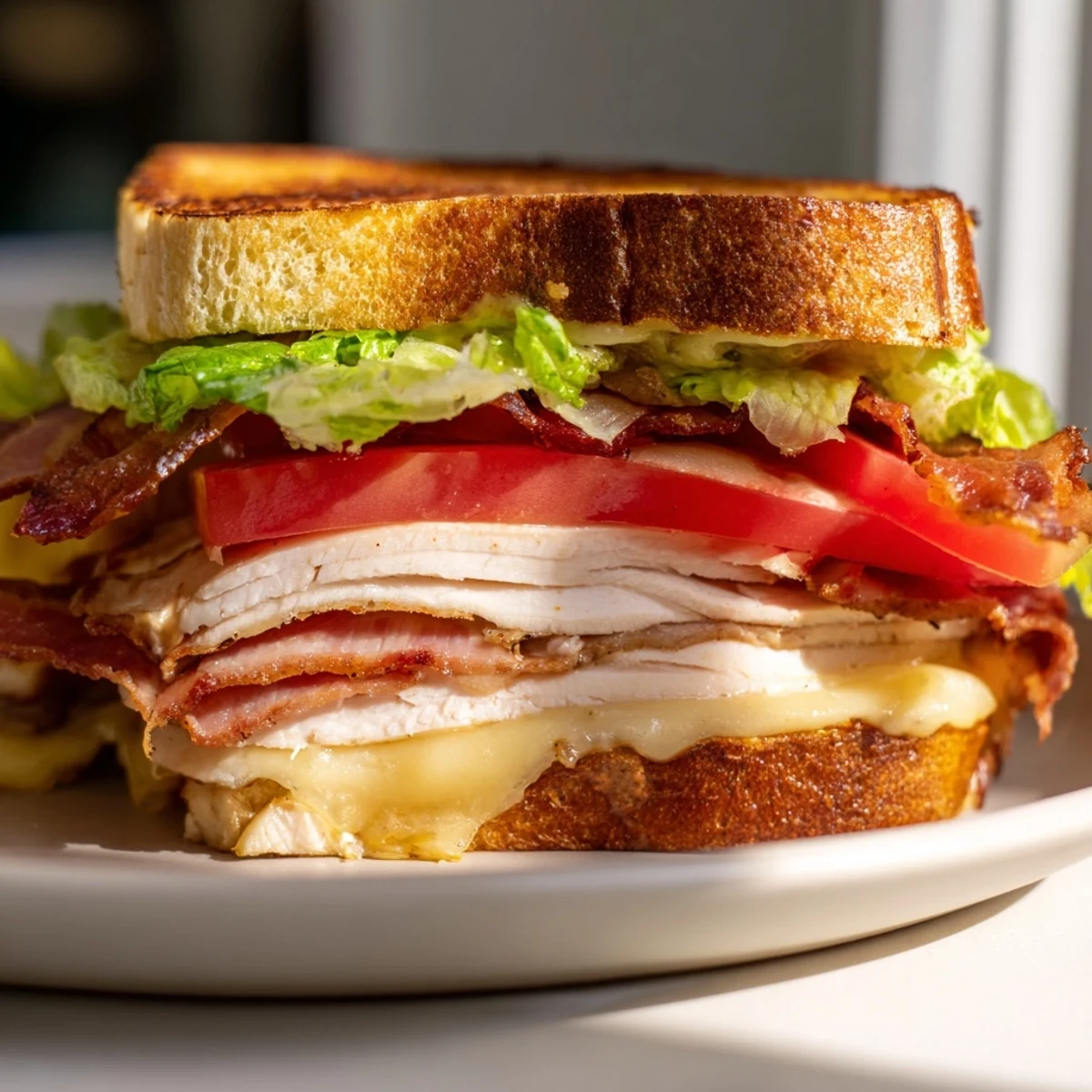 Golden, melted cheese oozes from a delicious Turkey Club Grilled Cheese sandwich with crispy bacon.