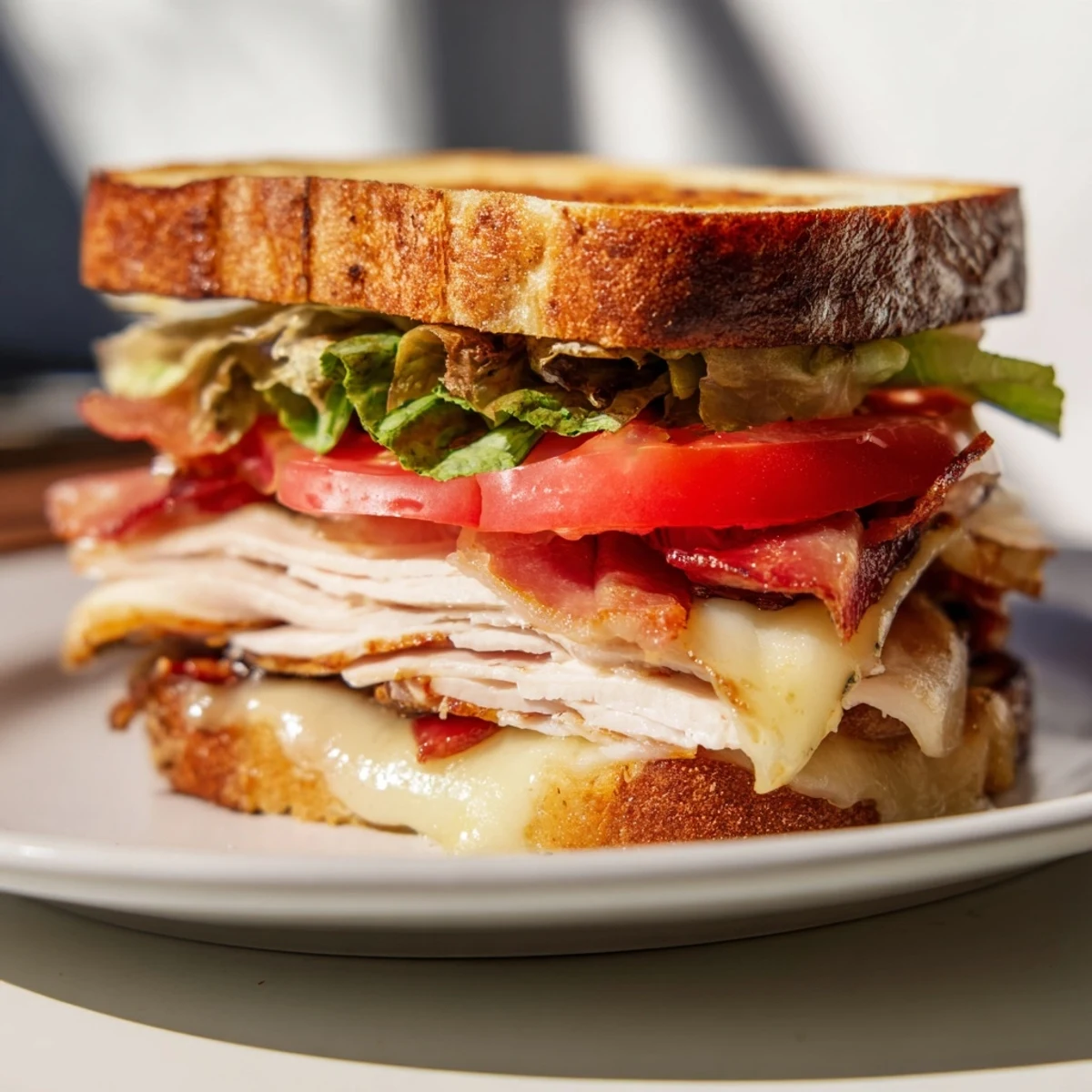 Enjoy a warm, savory bite of this amazing Turkey Club Grilled Cheese, ready to serve with a side.