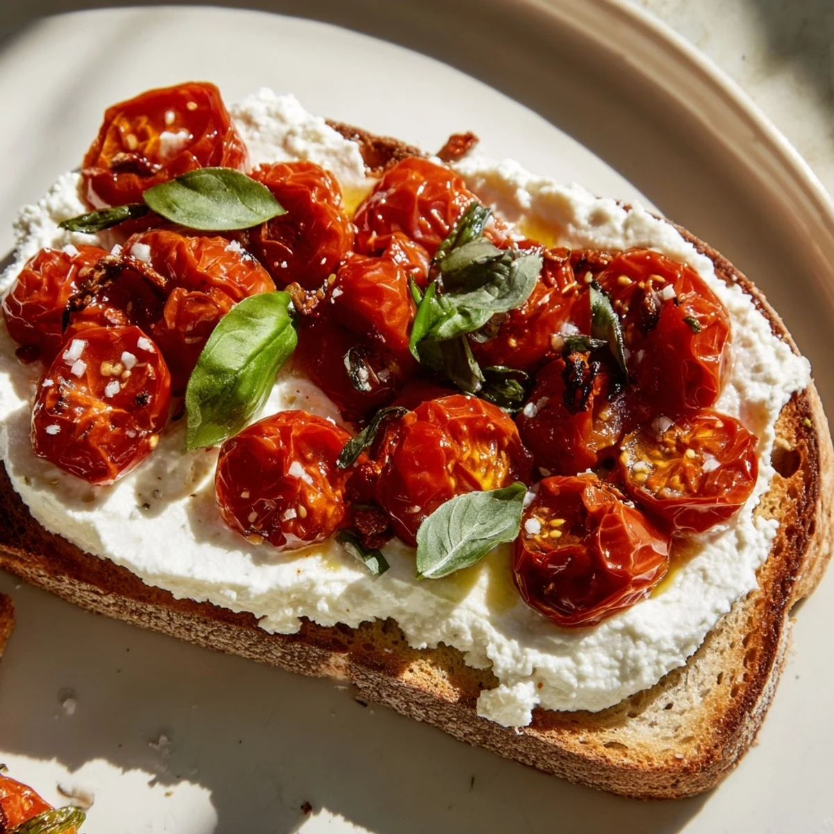 Creamy homemade whipped ricotta and sweet roasted tomatoes grace fresh Tomato Ricotta Toast slices, perfect midday snack.