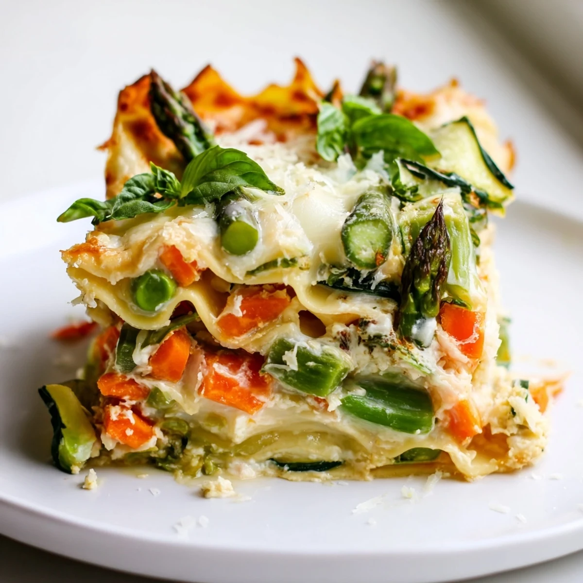 Spring Veggie Alfredo Lasagna bubbling with melted mozzarella and perfectly browned Parmesan cheese.