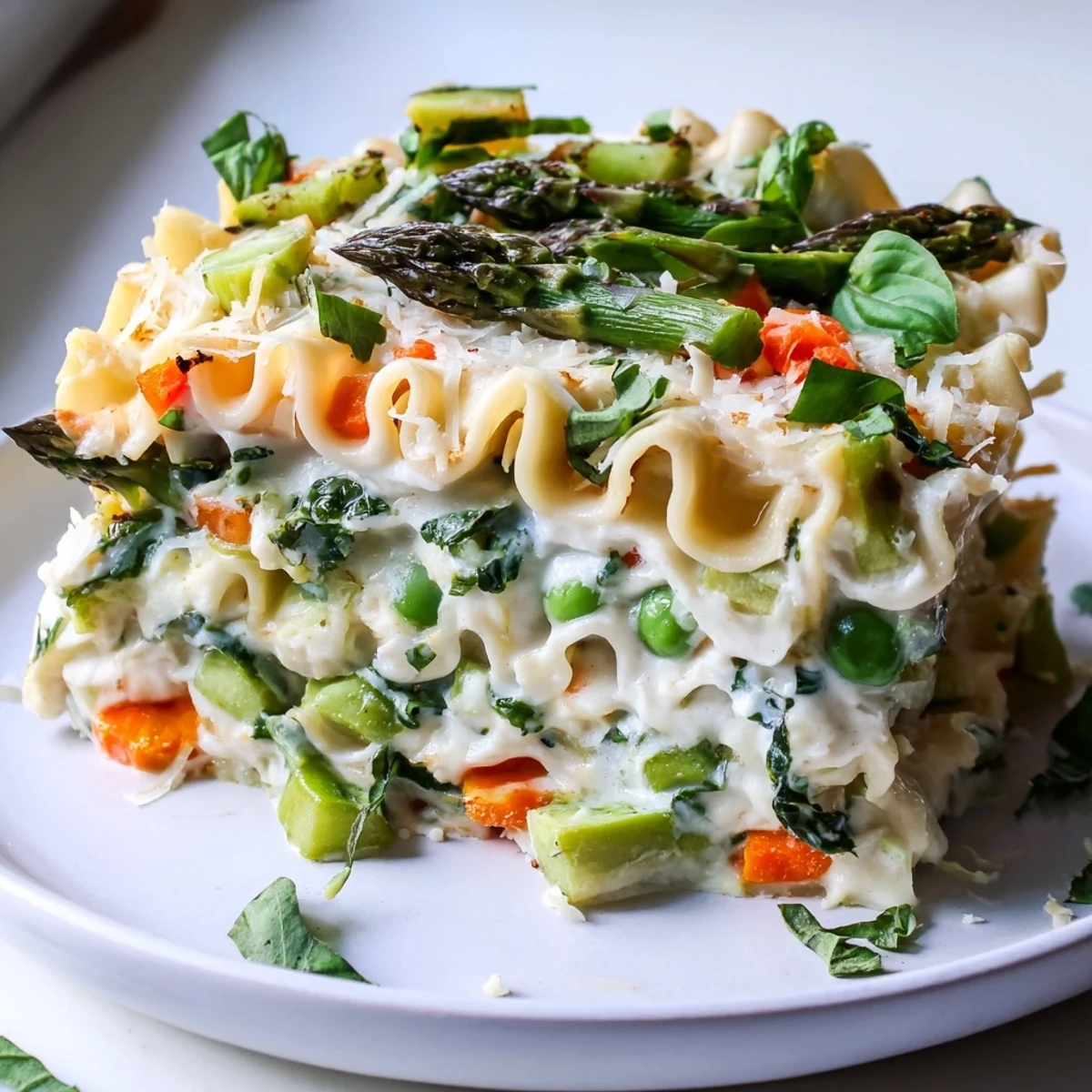 Freshly baked Spring Veggie Alfredo Lasagna, a vegetarian delight topped with vibrant basil, ready to serve.