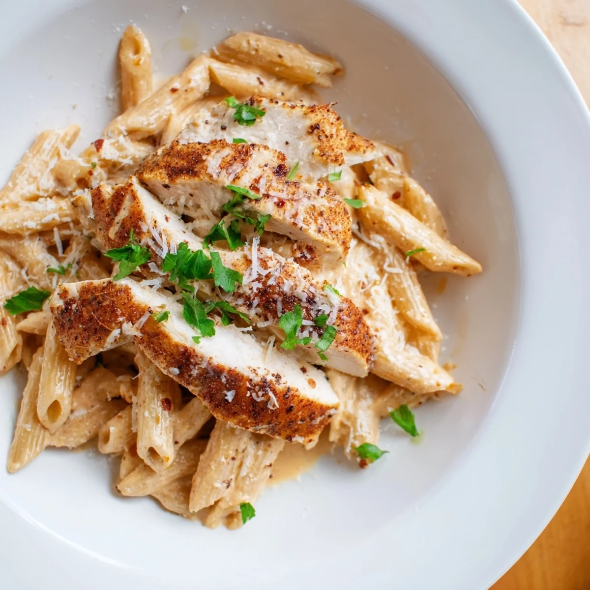 Honey Chipotle Chicken Pasta: a creamy, dreamy plate with sliced chicken and penne in a rich sauce.