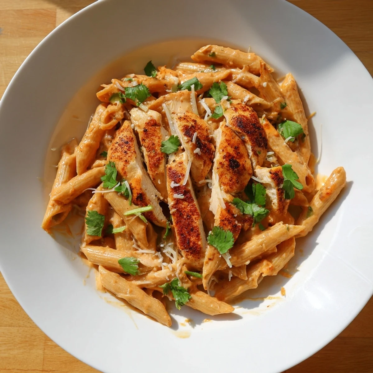 Warm, inviting shot of Honey Chipotle Chicken Pasta, garnished with fresh cilantro, ready to eat.