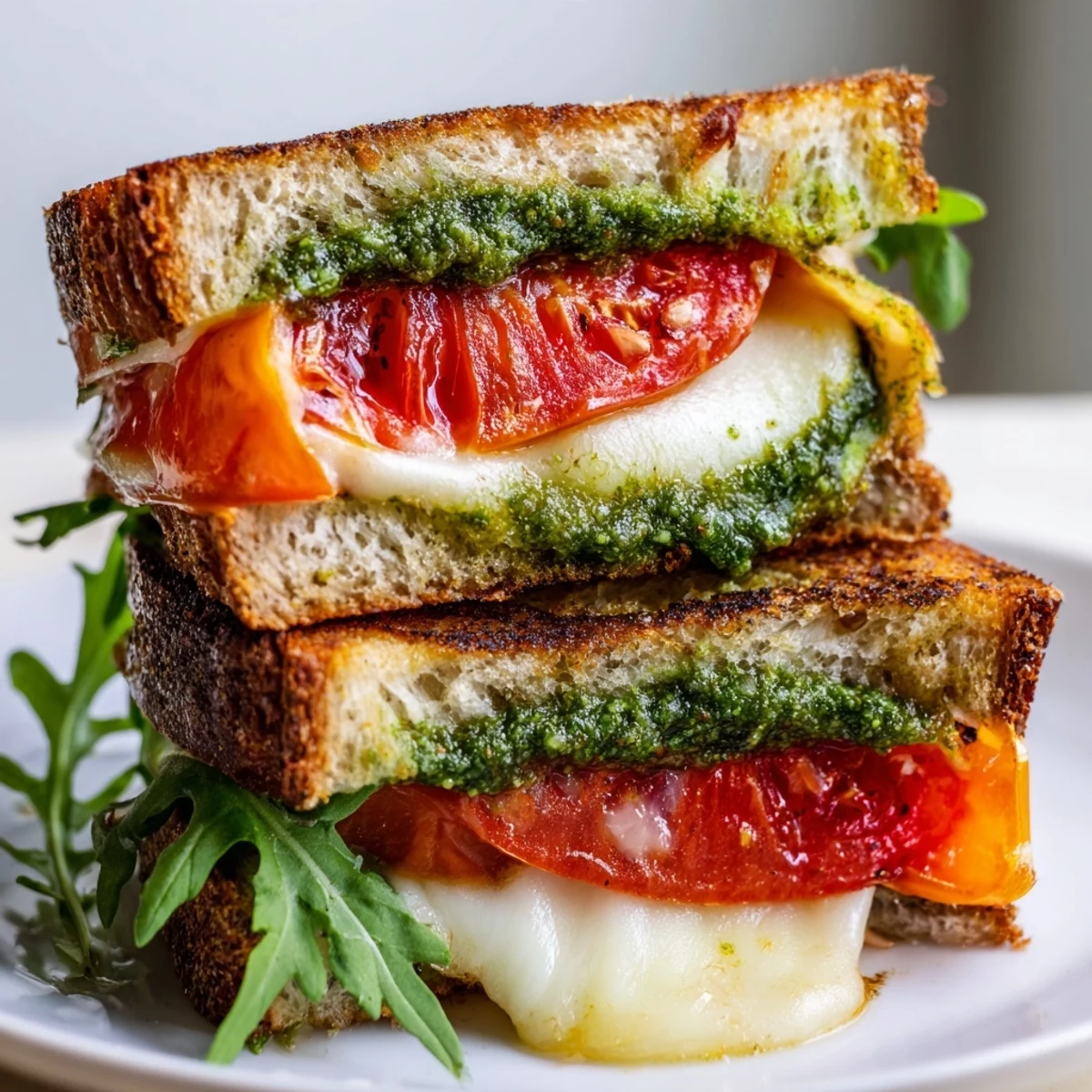 Golden, melted Roasted Tomato Pesto Grilled Cheese, oozing cheese and perfectly toasted bread in a skillet.