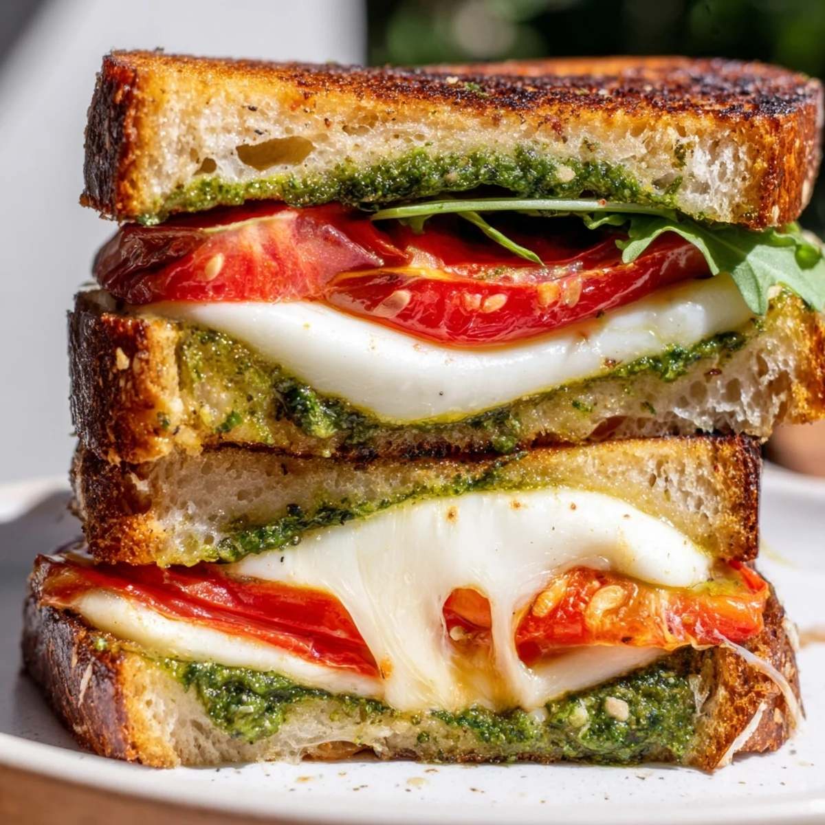 A close-up of a rustic Roasted Tomato Pesto Grilled Cheese sandwich with melted cheese and roasted tomatoes.