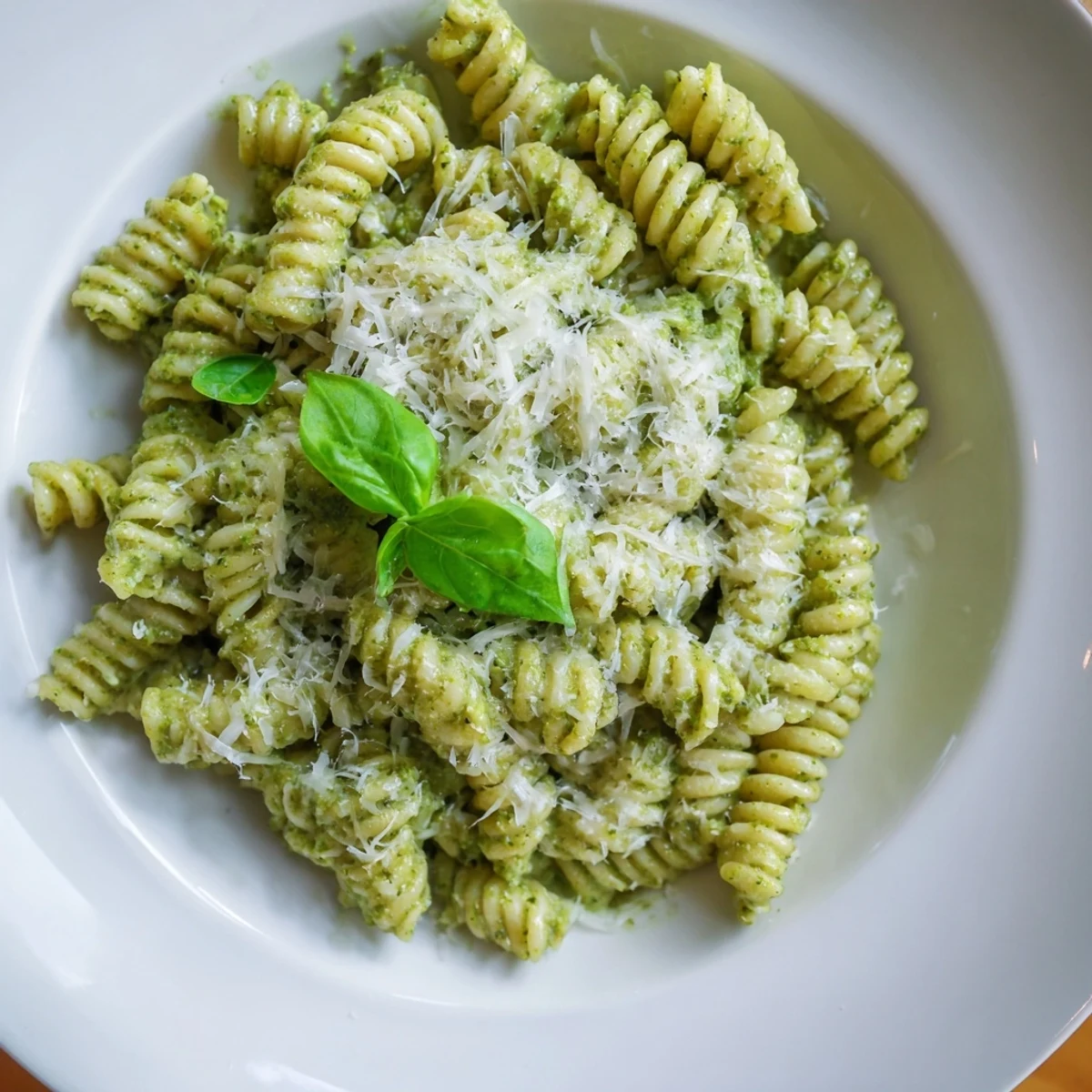 Creamy Sunflower Seed Pesto Pasta served, with vibrant green pesto clinging to the warm pasta.