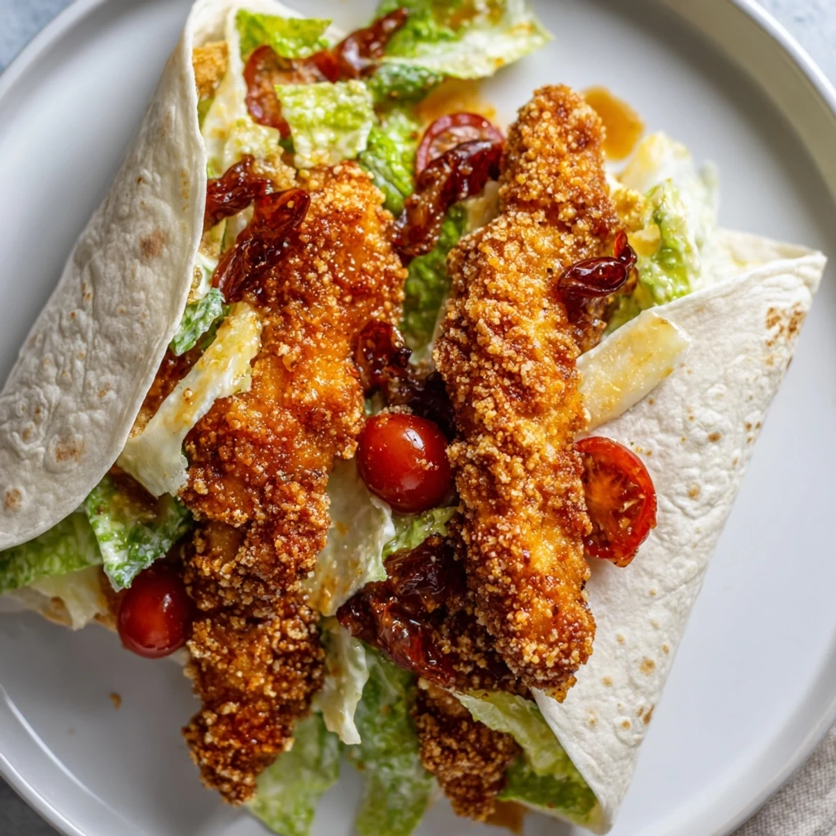 A close-up of a perfectly wrapped hot honey chicken Caesar, showcasing fresh toppings within.