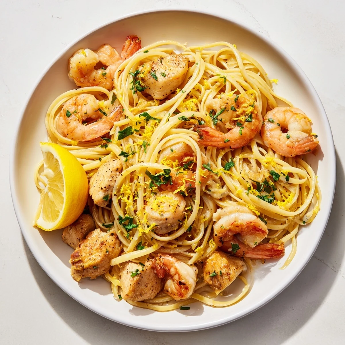 Golden pasta with Lemon Garlic Shrimp & Chicken, garnished with fresh parsley and lemon wedges.
