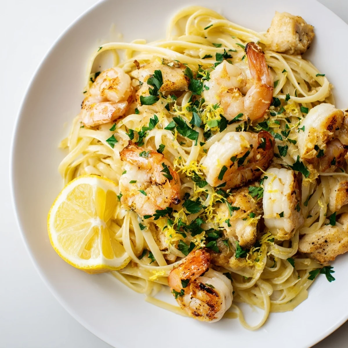 A steaming bowl of flavorful Lemon Garlic Shrimp & Chicken pasta, perfect for a cozy dinner.