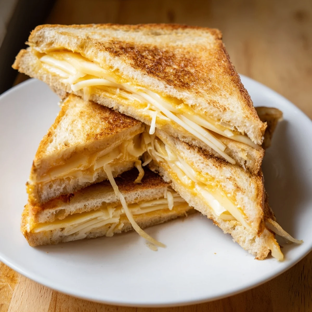 Golden-brown Triple Cheese Sourdough Grilled Cheese, oozing with melted cheddar, provolone, and mozzarella.