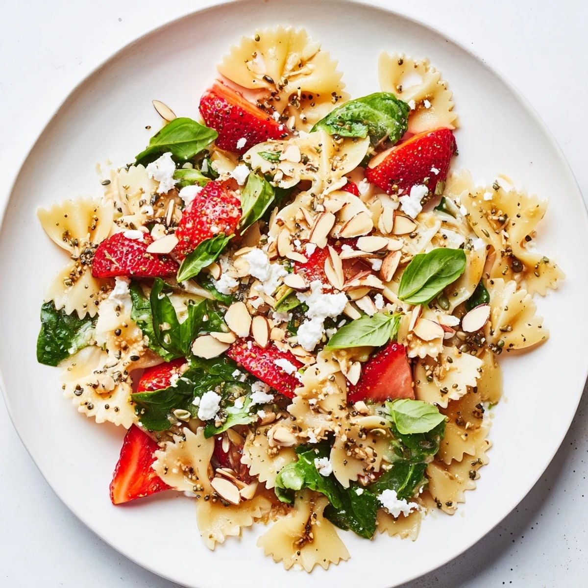 Vibrant Spring Spinach Strawberry Pasta Salad with fresh strawberries and poppy seed dressing shown on a white plate.