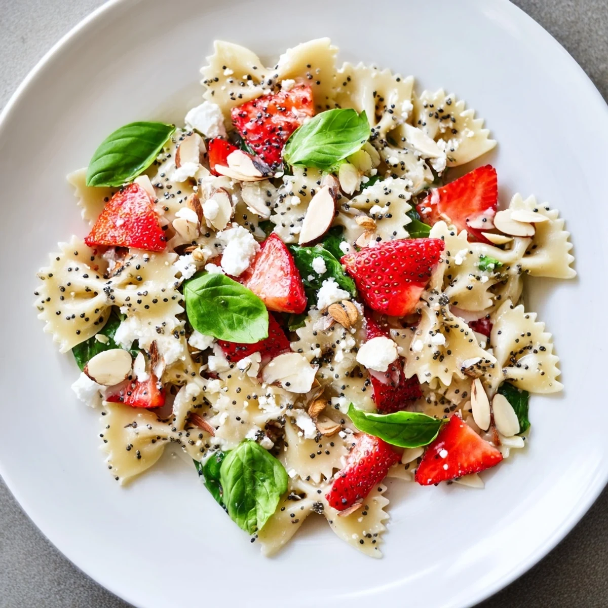 This Spring Spinach Strawberry Pasta Salad showcases tender pasta, juicy strawberries, and a flavorful dressing in a salad bowl.