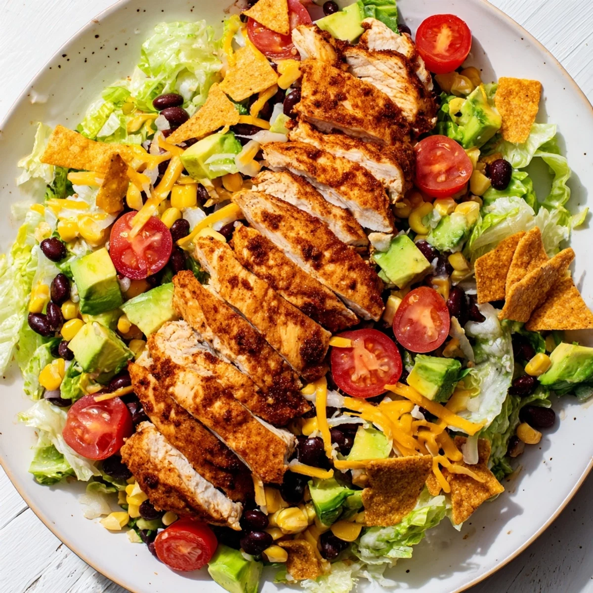 This satisfying, hearty Crunchy Taco Chicken Salad, brimming with cheese and fresh ingredients, is perfect for dinner.