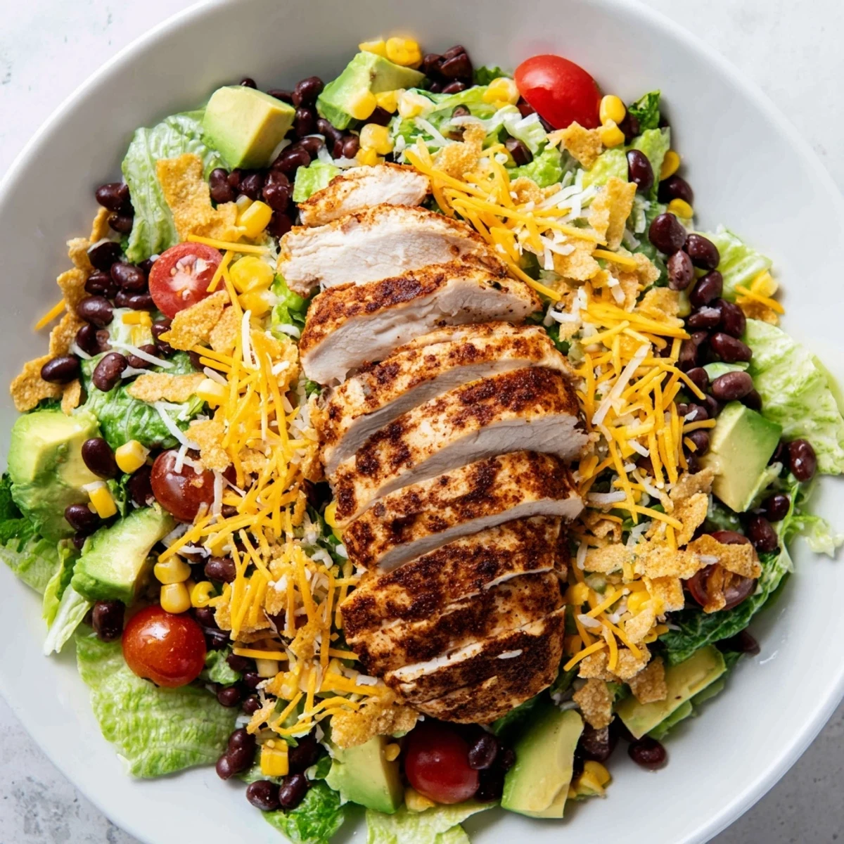 A colorful bowl of Crunchy Taco Chicken Salad: juicy chicken, creamy dressing, and crispy taco shell pieces enhance flavors.