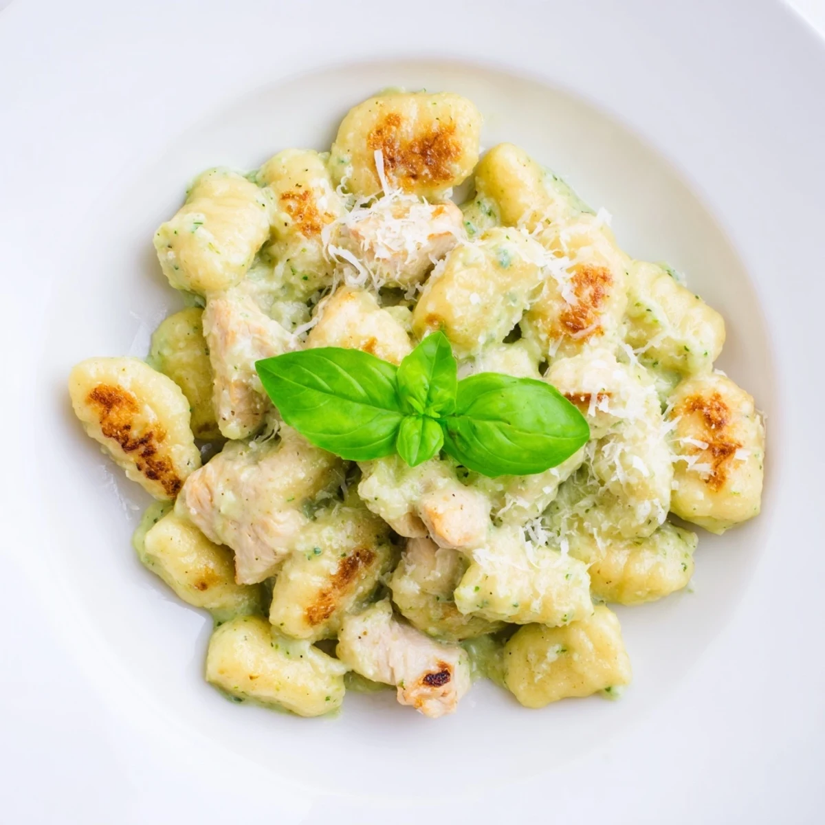 Imagine the aroma: warm, creamy pesto gnocchi and tender chicken, a perfect meal.